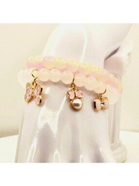 Pink Charm Bracelet Stack, Pastel Beaded Bracelet Set, Feminine Jewelry Gift